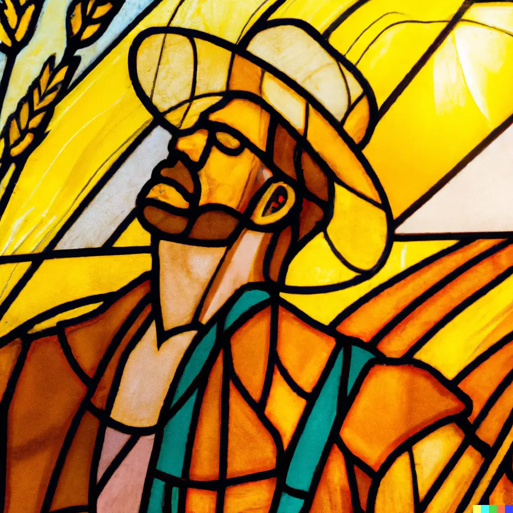 Wheat farmer crying over falling grain prices, stained glass window in Art Nouveau style, by DALL-E 2