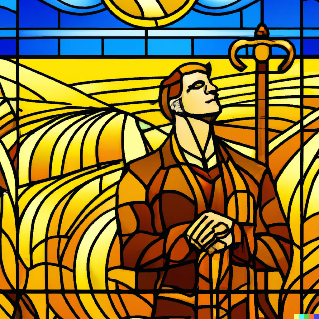 Elated wheat farmer, stained glass window in Art Nouveau style, by DALL-E