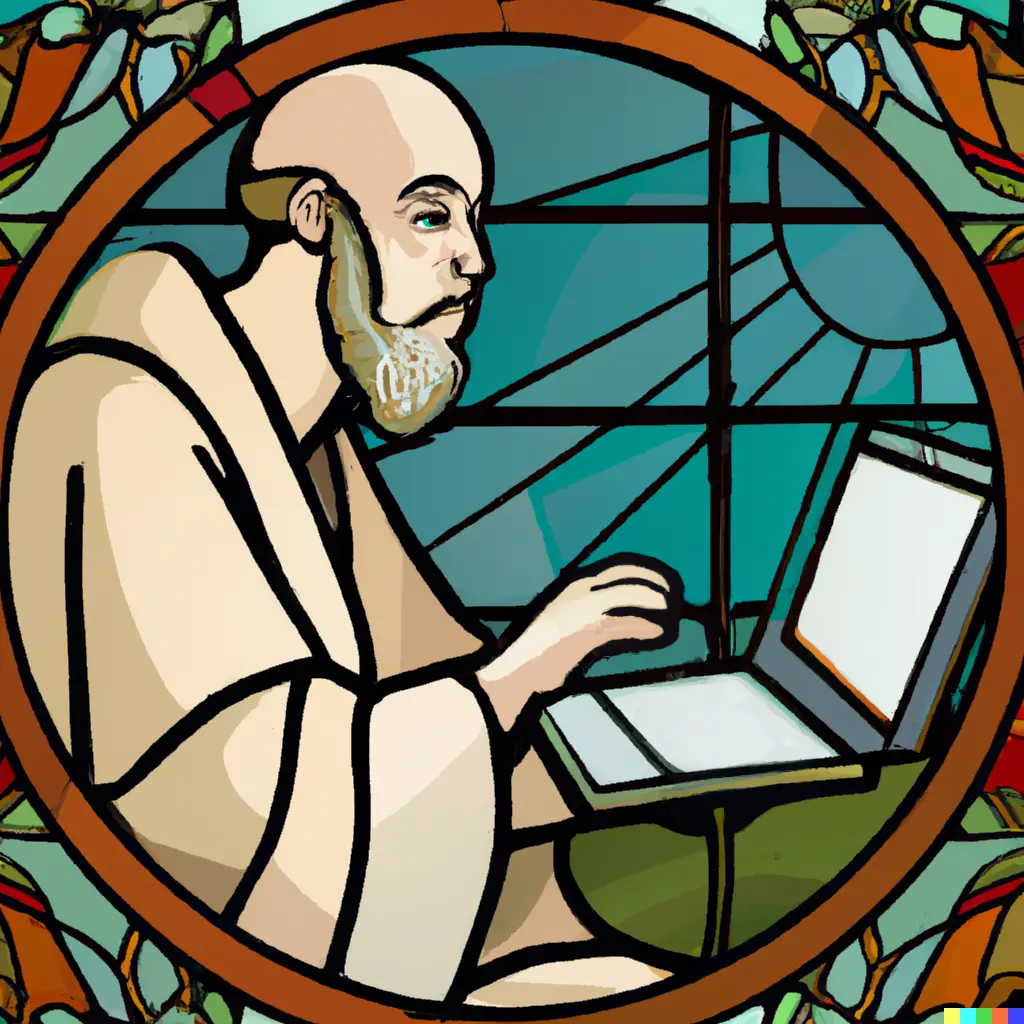 Scholar writing at a laptop, stained glass window in Art Nouveau style, by DALL-E 2
