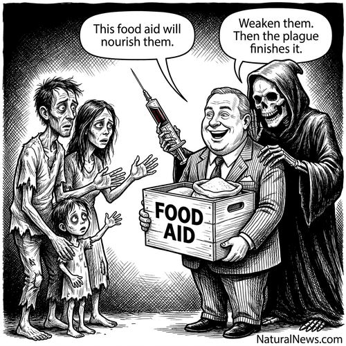 Editorial cartoon (500px) for How Food Aid Makes Impoverished Humans Vulnerable to Plandemic Extermination
