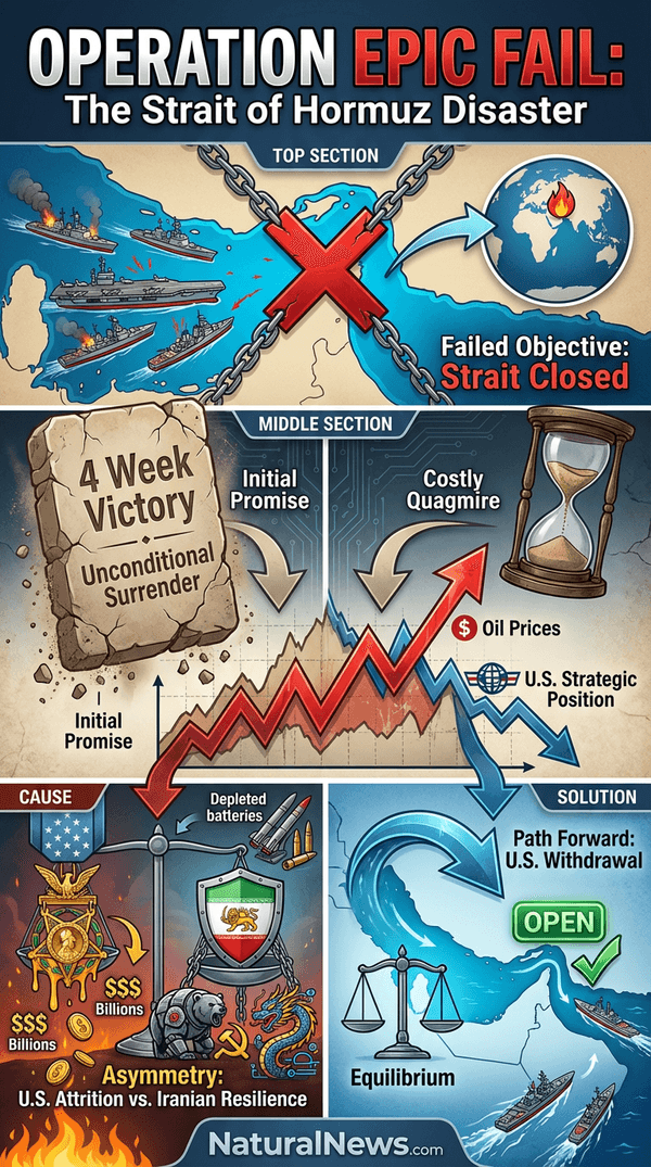600-wide explainer infographic for Operation EPIC FAIL: Why Trump Will Surrender the Strait to Iran