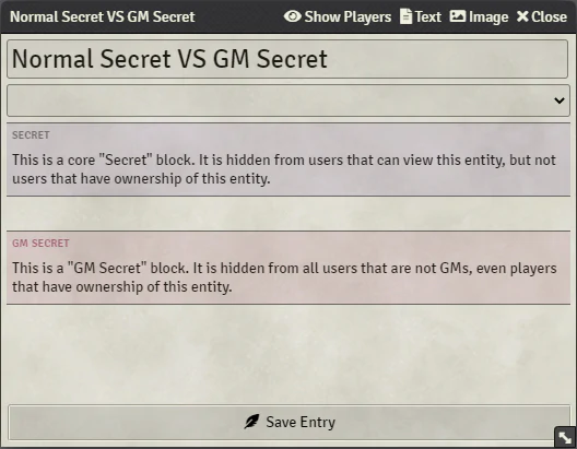 A comparison of the appearance of a core "Secret" block and a "GM Secret" block