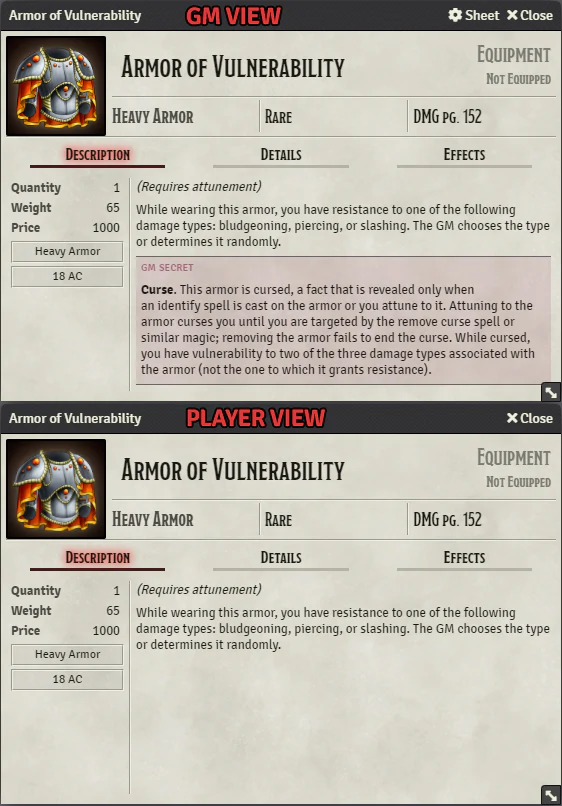 GM view vs player view of a cursed item where the curse is hidden by a GM secret