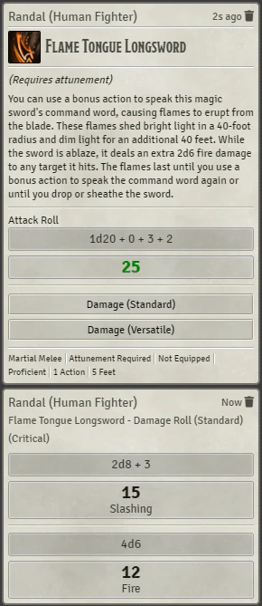 A screenshot of a weapon chat card displaying a variety of MRE features