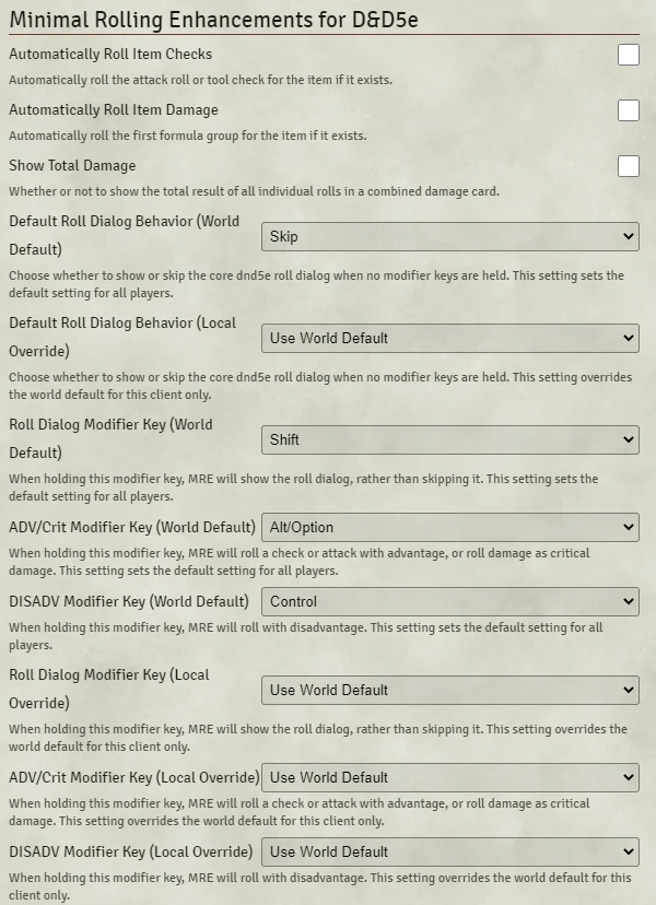 The module configuration screen for MRE