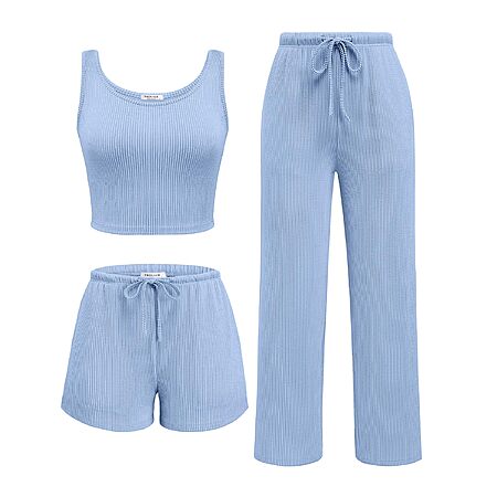 3-Pc Ekouaer Women's Lounge Crop Top Shorts & Pants Set w/ Pockets (Various)