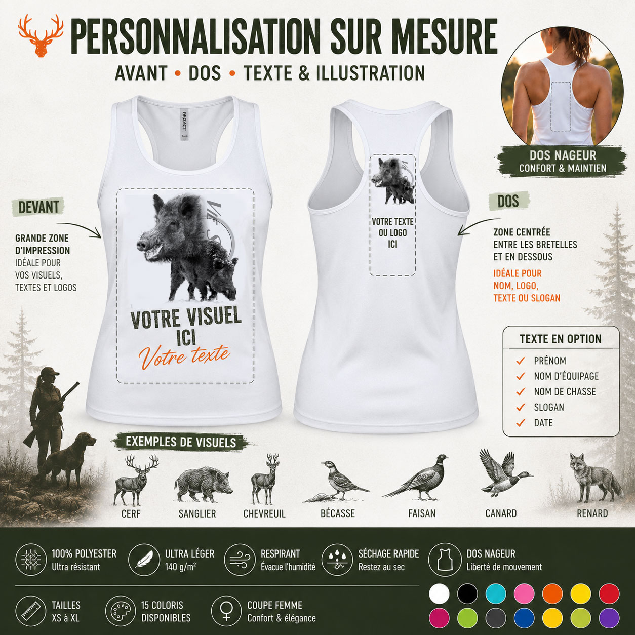 Débardeur de chasse sanglier, personnalisation
