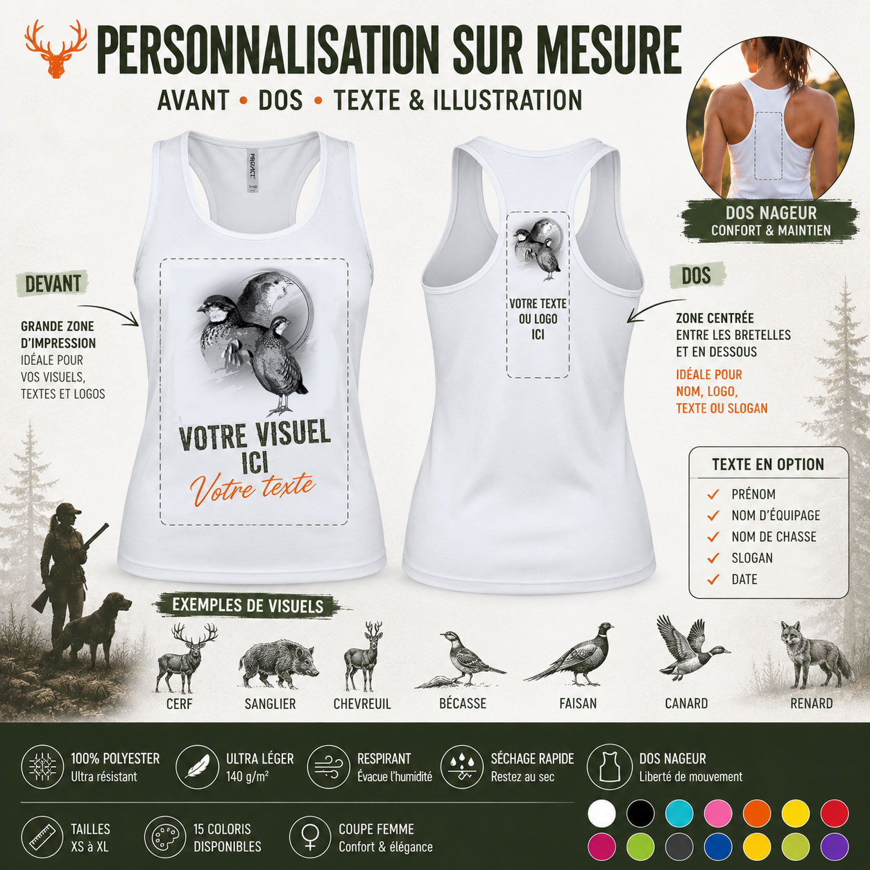 Débardeur de chasse perdrix, personnalisation