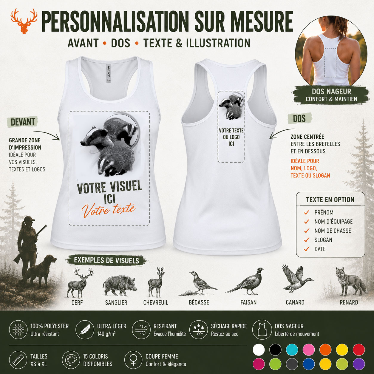 Débardeur de chasse blaireau, personnalisation