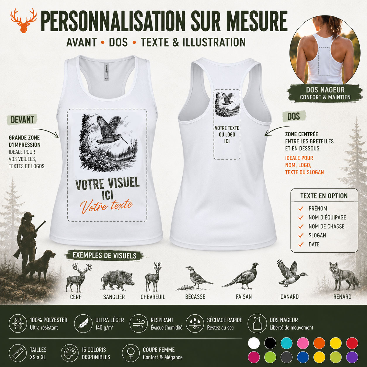 Débardeur de chasse bécasse, personnalisation