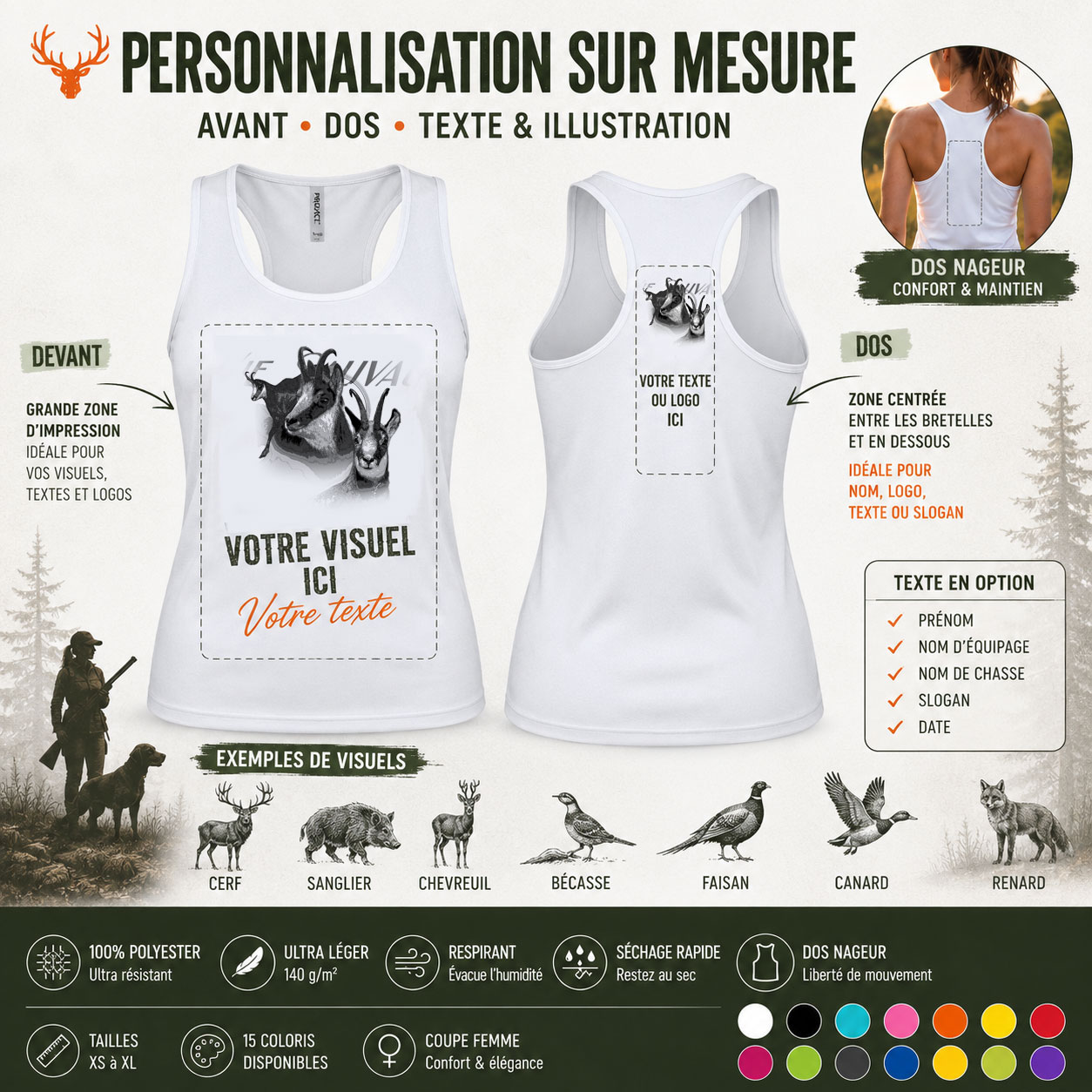 Débardeur de chasse chamois, personnalisation