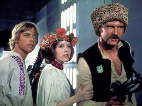 Han, Leia and Luke from Original Trilogy, edited to look like stereotypical Slavs