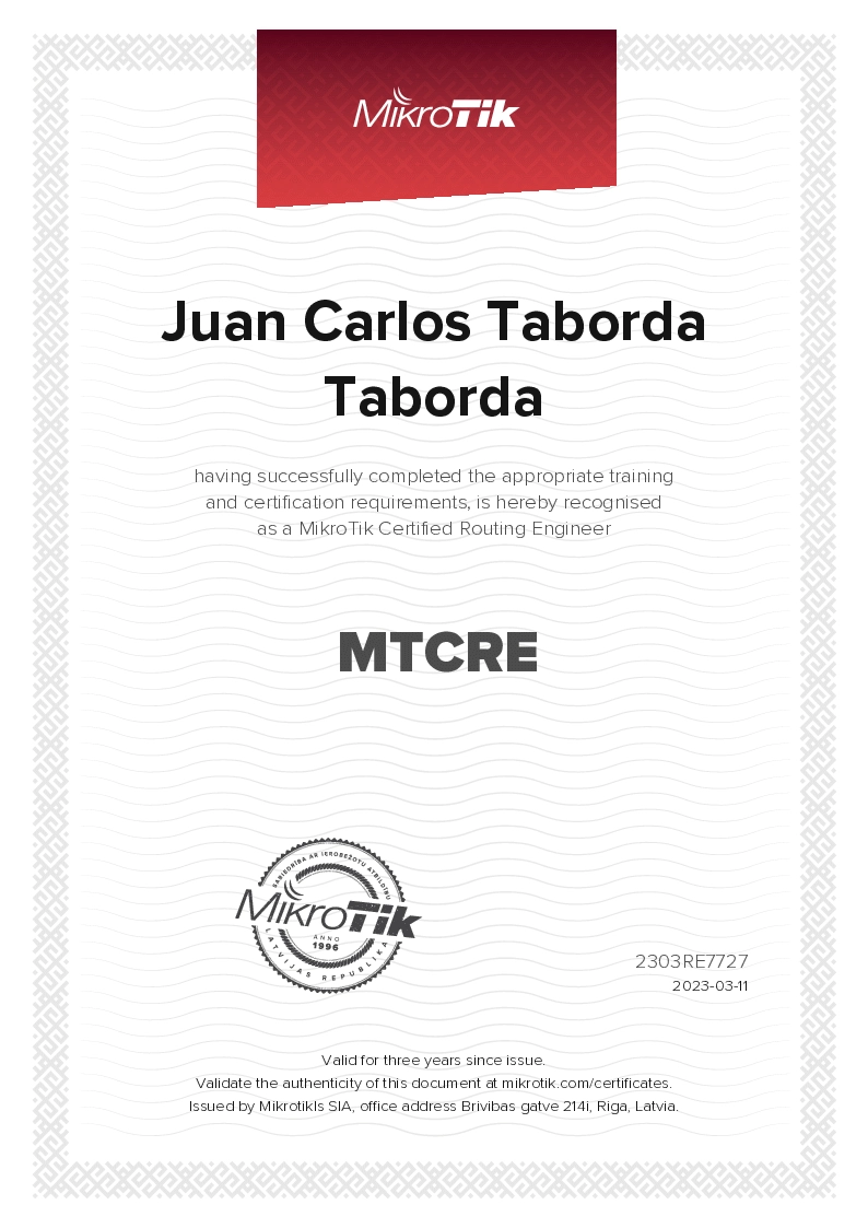 Certificado MTCRE Mikrotik Juan Carlos Taborda T