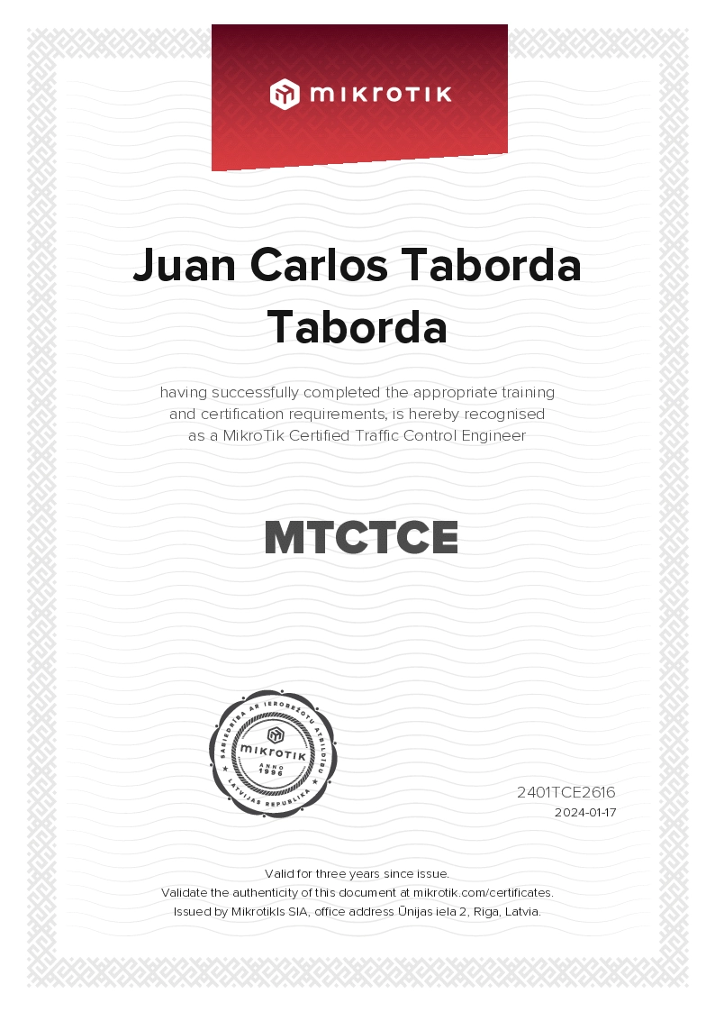Certificado MTTCE Mikrotik Juan Carlos Taborda T
