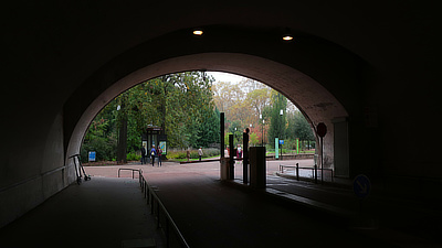 View of the park through one of the entry tunnels.