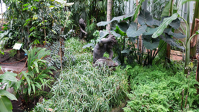 Statues of satyrs by a pool inside the botanical gardens.