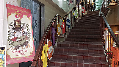 Stairs leading to a shopping area.