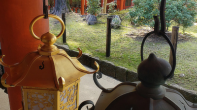 Metal lanterns hang in front of a garden in a shrine courtyard.