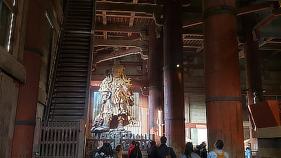 A stairway leading up to the rafters of the temple.