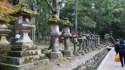 Stone lanterns along a park walkway, with moss growing on their heads.