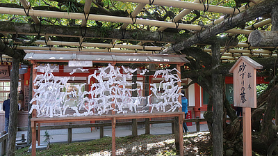 Paper charms left by visitors to the shrine.