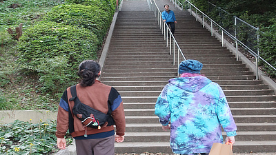John and Deven head for some stairs in the park surrounding Osaka Castle.