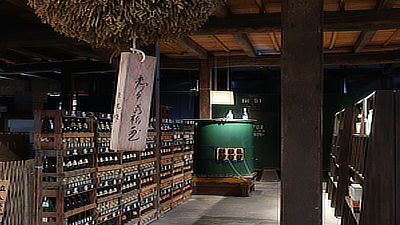 Looking back at the rows of bottles.