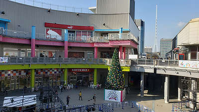 A holiday tree outside of a shopping area in Palette Town.