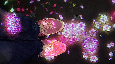 John's shoes match the cherry blossoms in one of the hallways of the Digital Art Museum.