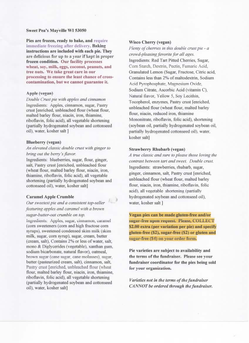 Sweet Peas Fundraiser Ingredient List 2026