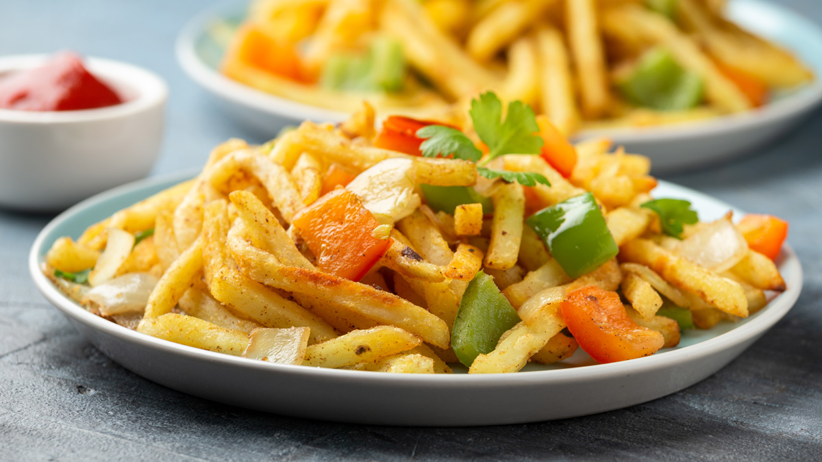 Plate of chinese takeaway salt and pepper chips