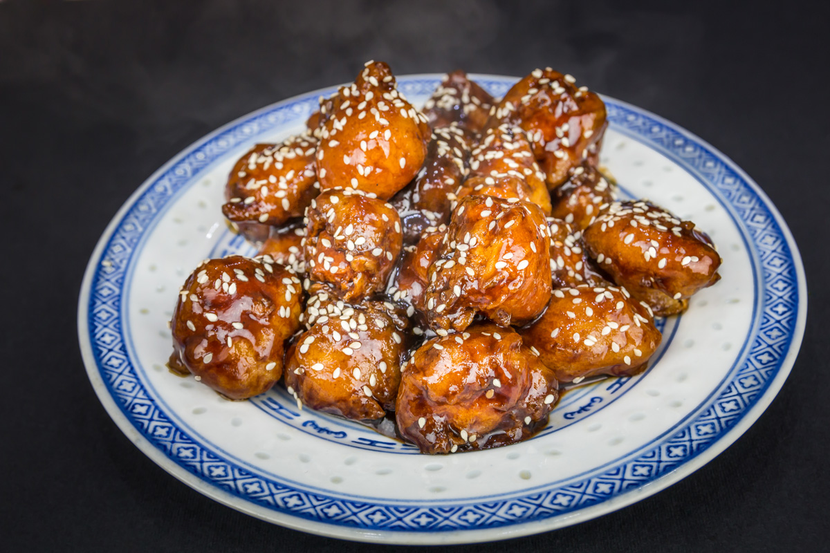 Plate of sweet and sour chicken balls 