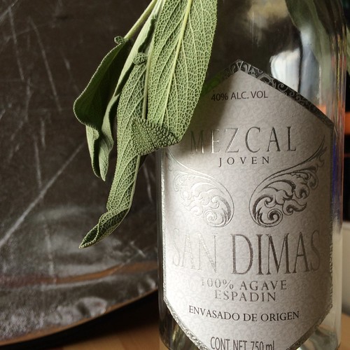 Sage leaves hanging off a bottle of mezcal joven. This is where the magic happens.