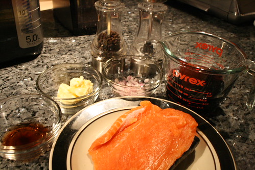 Salmon, wine, red wine vinegar, butter, salt, and pepper.