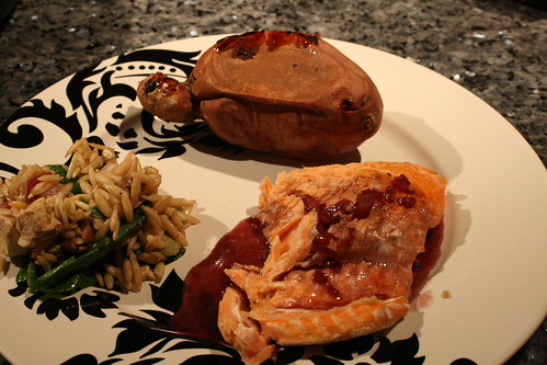 Salmon, sauce, sweet potato and orzo-spinach pasta.