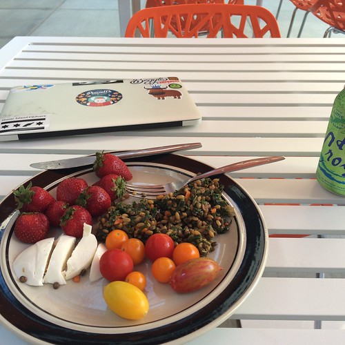 Strawberries, farro, mozzarella, and tomatoes. Oh, my. What a meal.