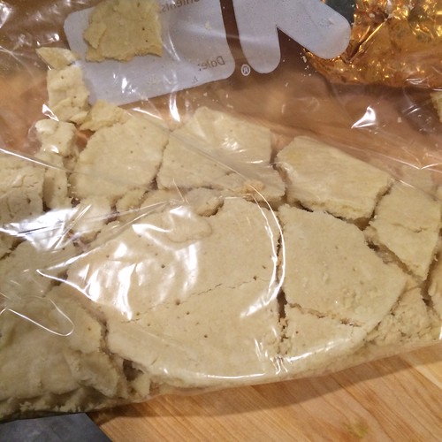 A baggie full of broken pie crust pieces. Destined to become crumbs, then rise to a new, crusty nature!