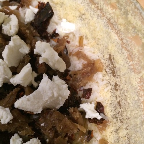 The quiche-in-progress, showing the delightful pie crust crumbs forming a new crust!