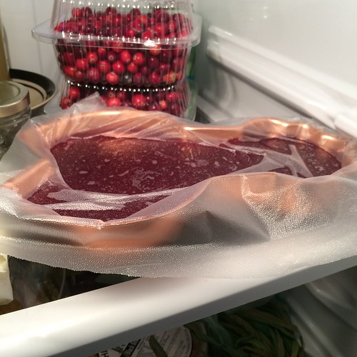 Cranberry sauce in a lobster geletin mold in the foreground, whole cranberries in the back ground. All clearly in a fridge.