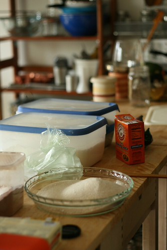 Cocoa, sugar in a pie plate, two large tupperwares bins. Baking supplies strewn about.