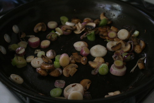 Mushrooms, onions and fond.