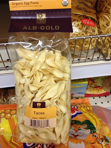 Shell-Shaped Pasta Labeled 'Tacos'.