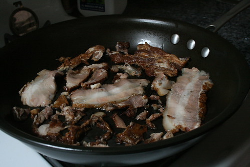 Bacon ends, cooking.