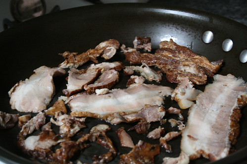 Cooking bacon ends, closer up.
