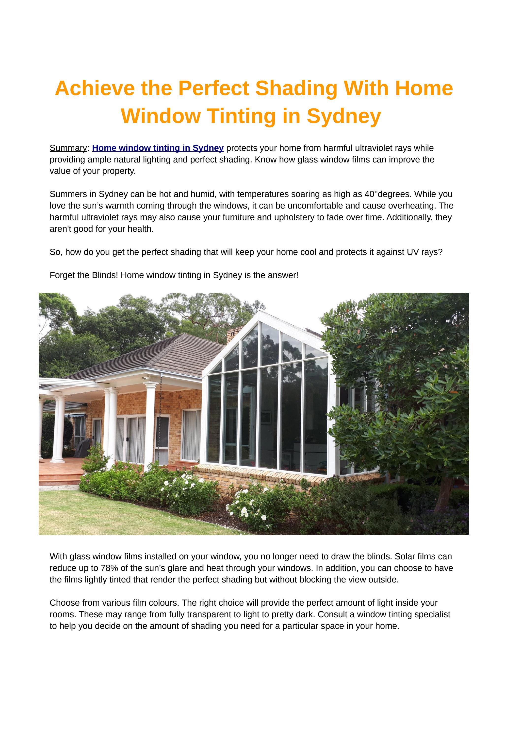 Achieve the Perfect Shading With Home Window Tinting in Sydney