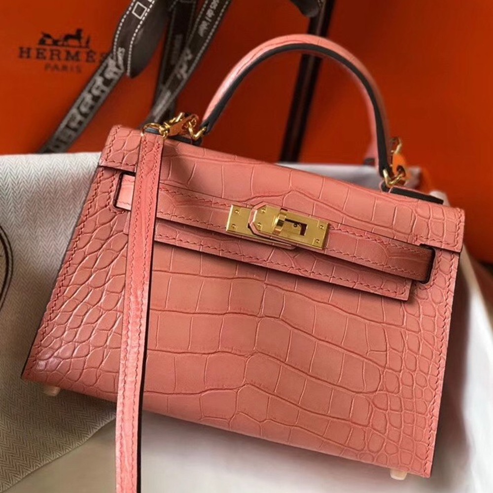 Hermes Kelly Mini II Bag In Pink Crocodile Embossed Leather TDBS26979